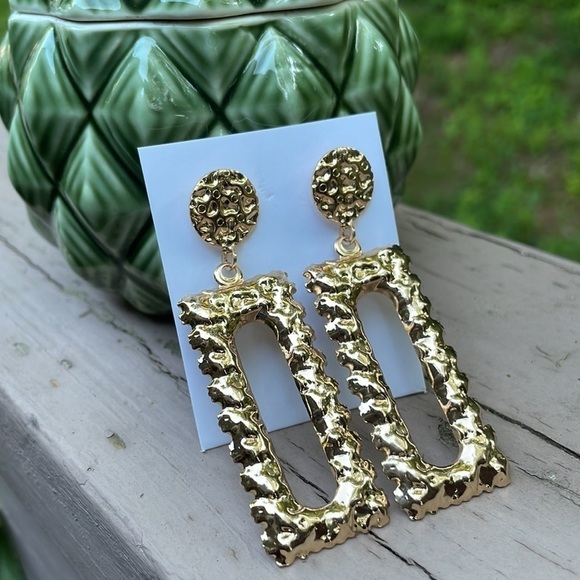 Gold Rectangle Door Knocker Earrings - Picture 12 of 16